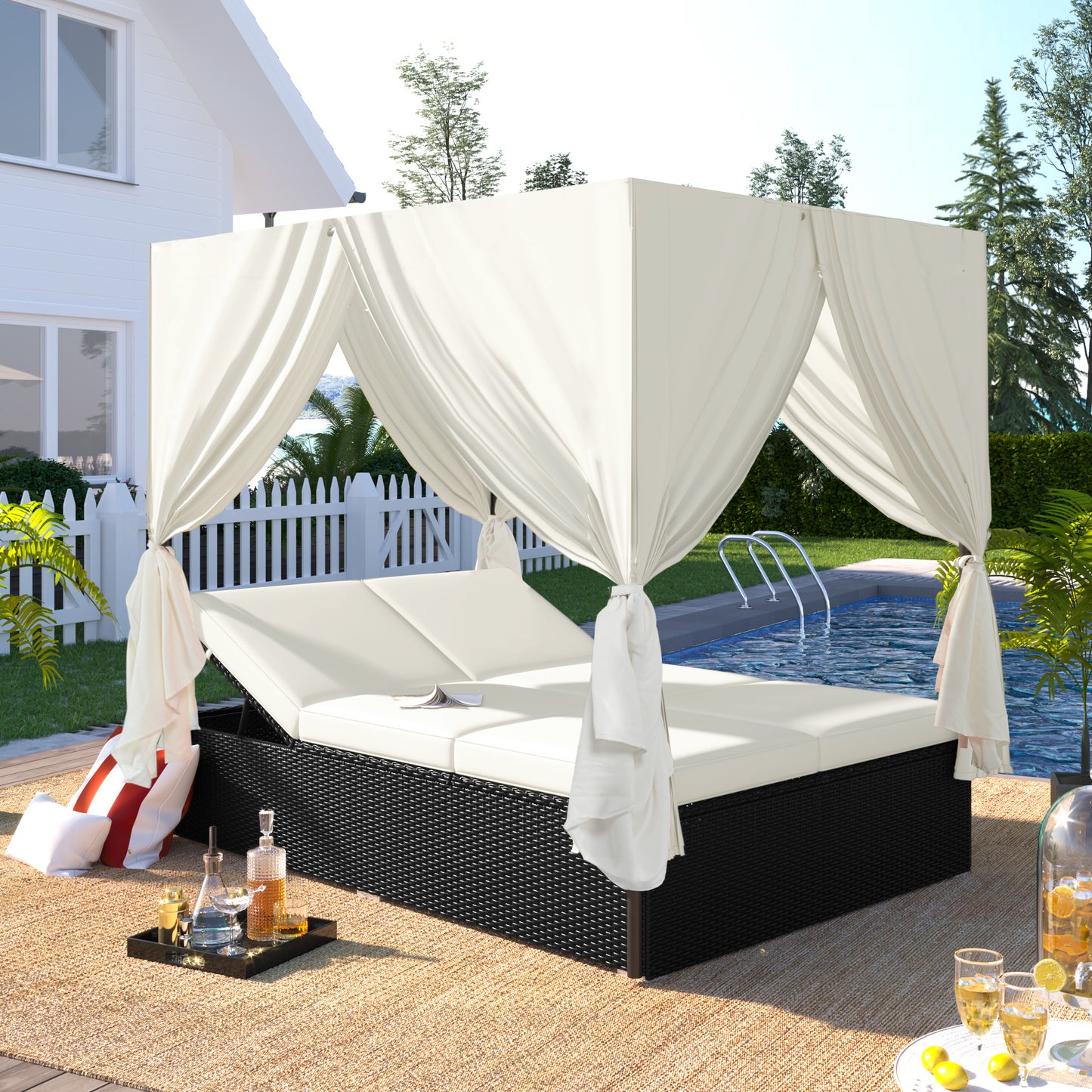 Outdoor Sunbed Cabana with Cushions & Adjustable Seats