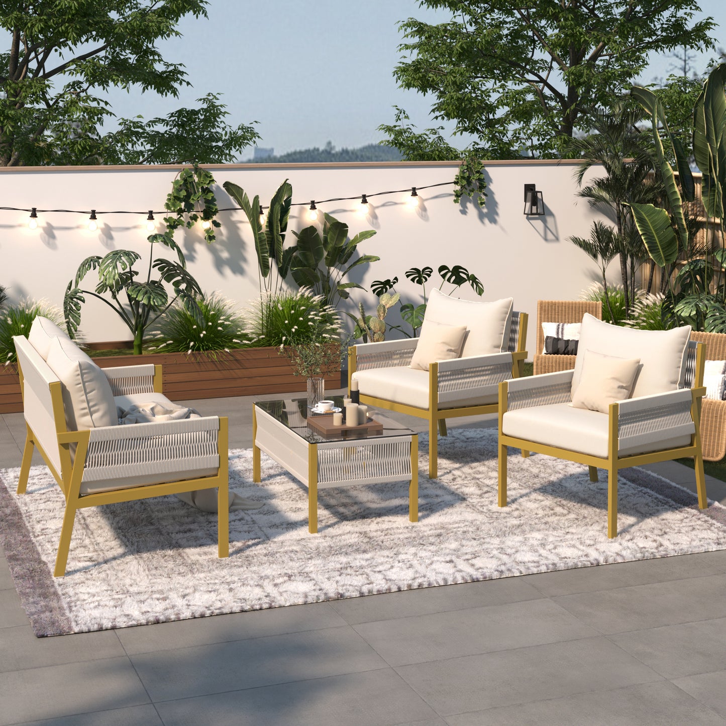 Rope Patio Furniture Set With Glass Table