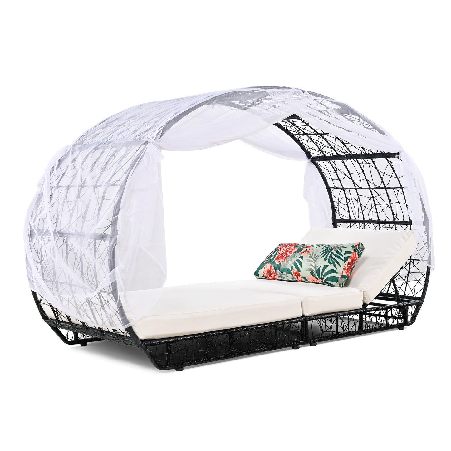 90.55" Outdoor Patio Daybed with Curtain, Sunbed with Cushion and Colorful Pillow