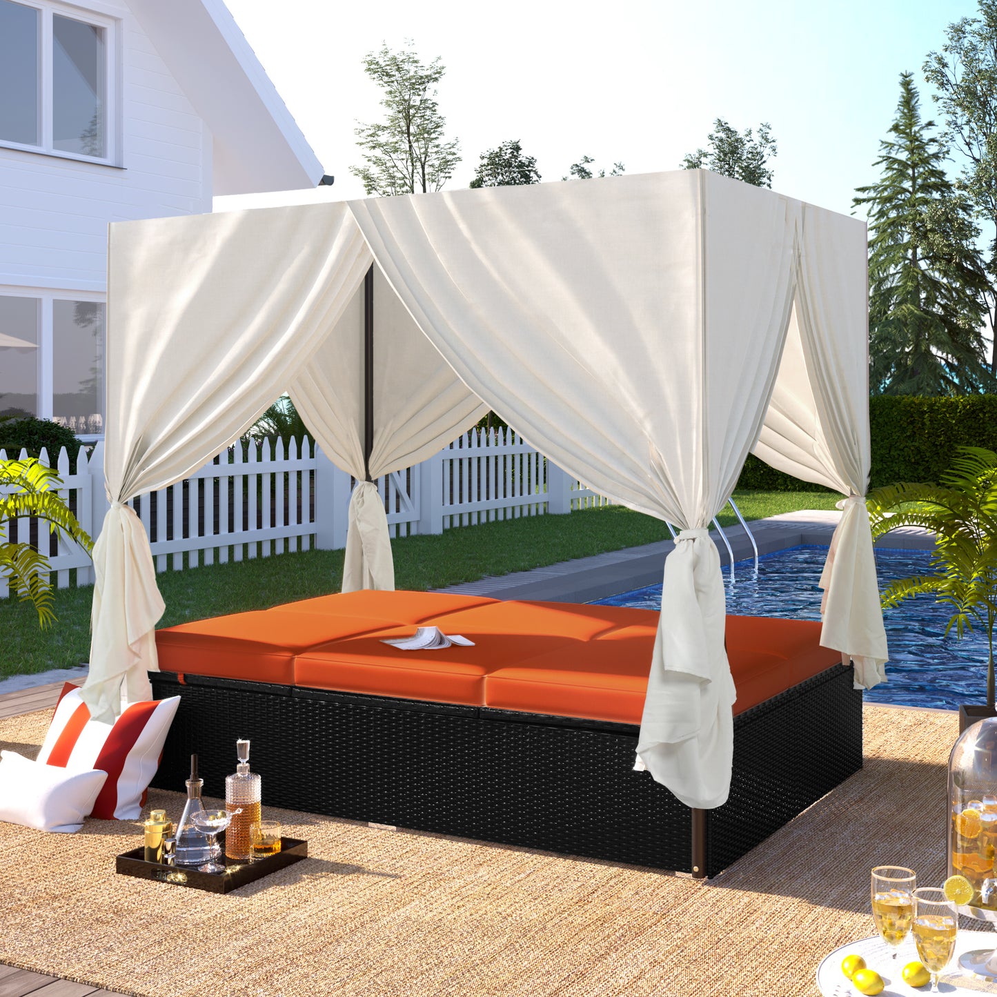 Outdoor Sunbed Cabana with Cushions & Adjustable Seats