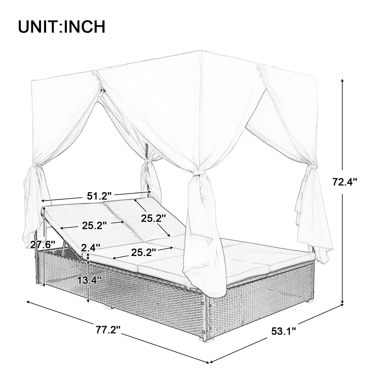 Outdoor Sunbed Cabana with Cushions & Adjustable Seats